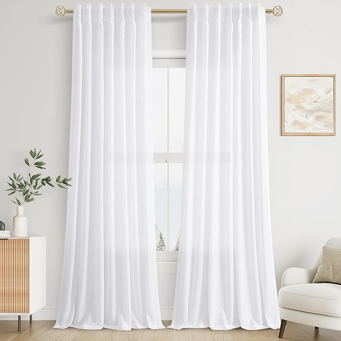 Aersas White Pleated Linen Curtains 94 Inches Long for Living Room Bedroom Pinch Pleat with Hooks Back Tab Light Filter Boho Farmhouse Custom Semi Sheer 94 Inch Curtain for Patio Sliding Door