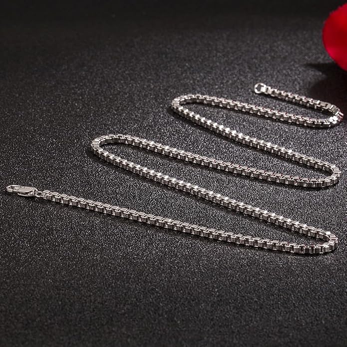 Solid 925 Sterling Silver 3mm Italian Square Box Chain Necklace with Lobster Clasp for Men & Women, 16" to 30" Length
