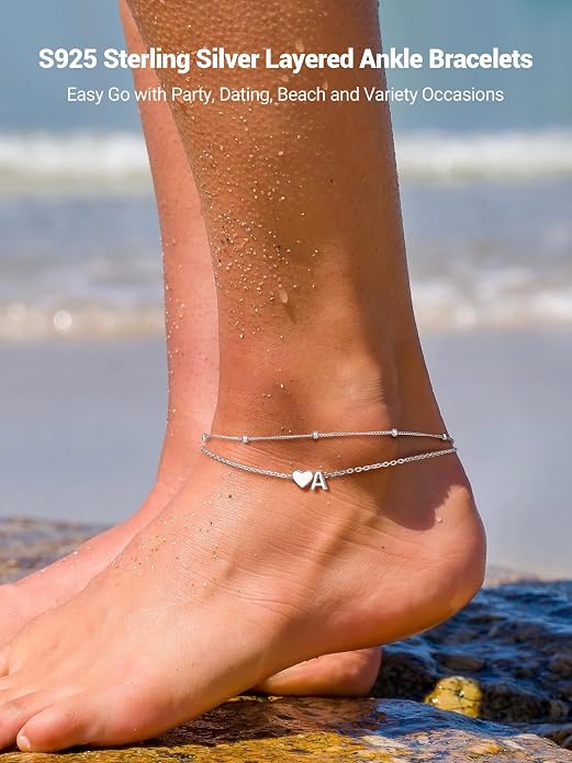 PROSILVER Ankle Bracelets for Women S925 Sterling Silver Anklets for Women Waterproof, Dainty Layered Heart Anklet, Beach Initial Anklet for Summer, Letter A-Z