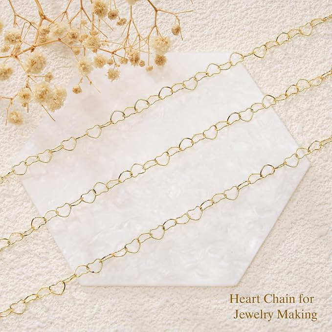 GTVOODX 16.4 Feet Stainless Steel Heart Link Chains 18K Gold Plated Soldered Jewelry Chain Roll Spool for DIY Jewelry Bracelet Necklace Making with Lobster Clasps Jump Rings