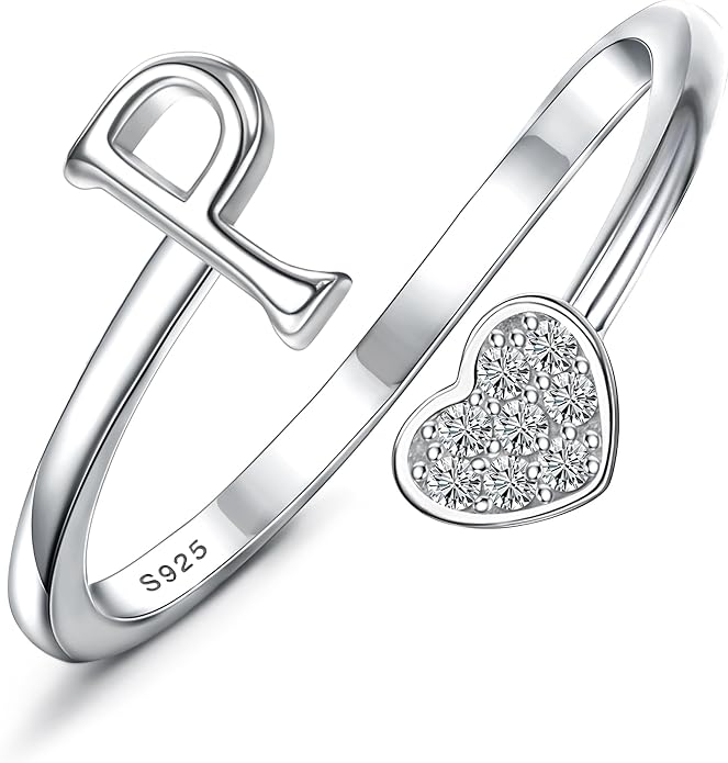 MILACOLATO 925 Sterling Silver Initial Rings for Women Teen Girl 18K Gold Plated Heart Initial Rings Adjustable Capital Letter Ring Stackable Thumb Pinky Rings for Daughter Birthday Bridesmaid Gifts Jewelry, A to Z