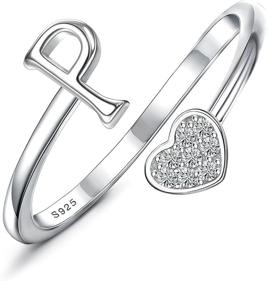 MILACOLATO 925 Sterling Silver Initial Rings for Women Teen Girl 18K Gold Plated Heart Initial Rings Adjustable Capital Letter Ring Stackable Thumb Pinky Rings for Daughter Birthday Bridesmaid Gifts Jewelry, A to Z