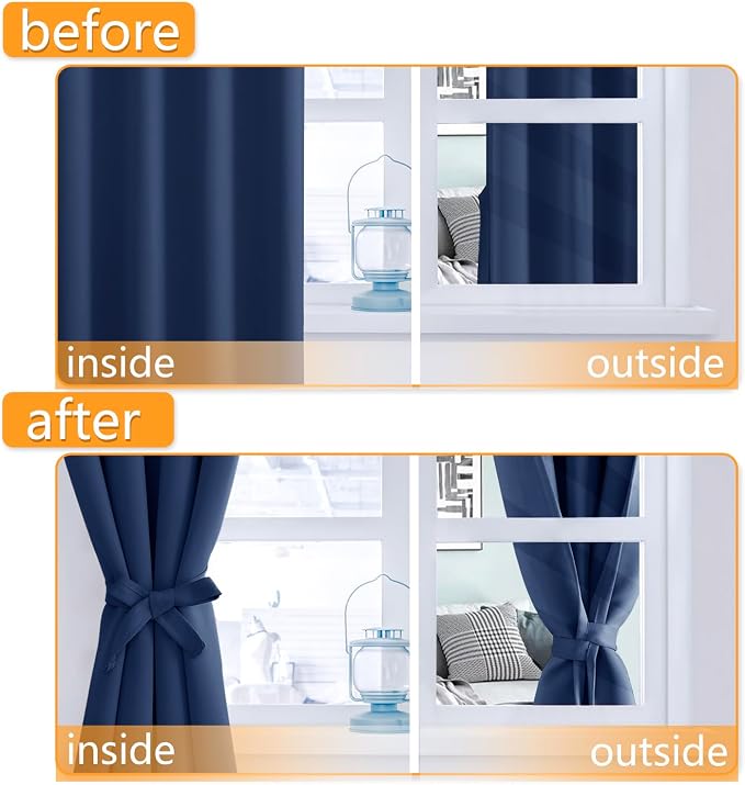 Hiasan Blackout Curtains for Bedroom - Thermal Insulated & Energy Saving Window Curtains for Living Room, 2 Drape Panels Sewn with Tiebacks, Navy, 42 x 54 Inch
