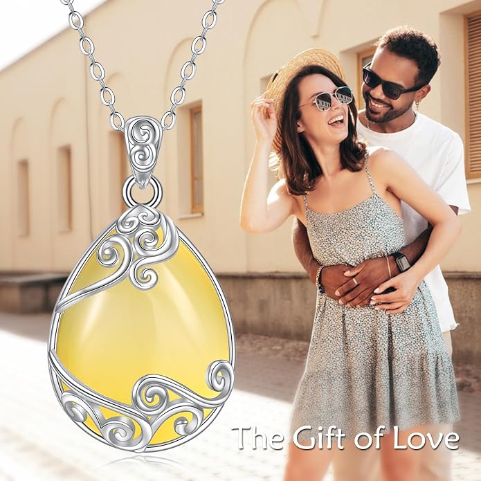 YAFEINI 925 Sterling Silver Moonstone Necklace Filigree Teardrop Pendant Necklace Jewelry for Women Girls