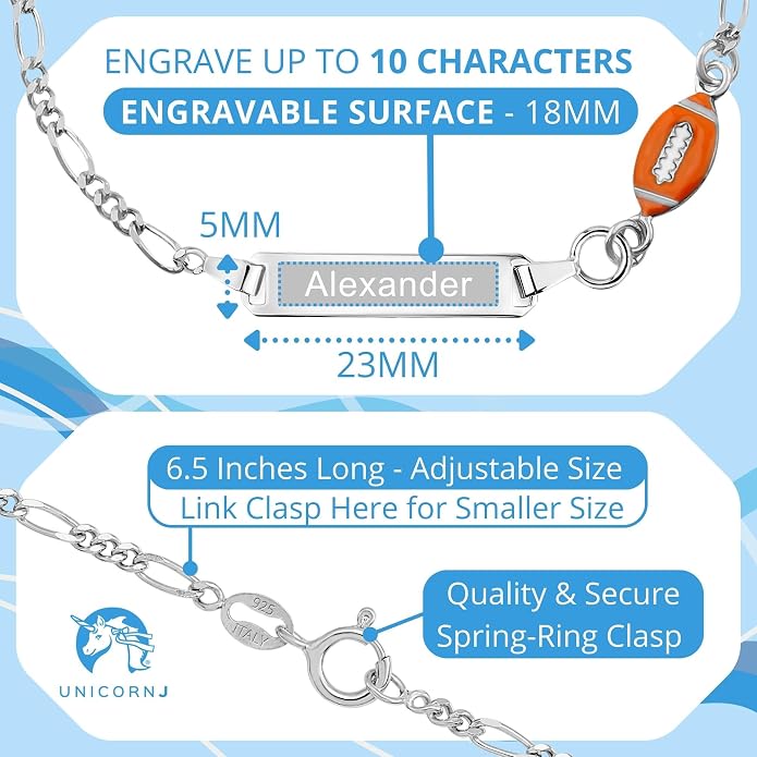 UNICORNJ 925 Italy Sterling Silver Child or Baby Name Bracelet Girls Boys, Personalized Engraved Kids ID Bracelets, 6.5" Figaro Chain, Enamel Charm Newborn Infant Toddler Kid Jewelry