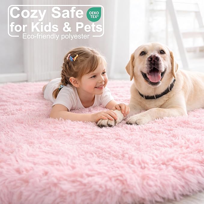 Amdrebio Pink Round Area Rugs 7Ft for Girls Bedroom Decor, Fluffy Large Circle Rug for Living Room, Kids Room, Teen, Fuzzy Plush Carpets for Baby Nursery, Dorm, Classroom, Big Indoor Kawaii Cute Rug