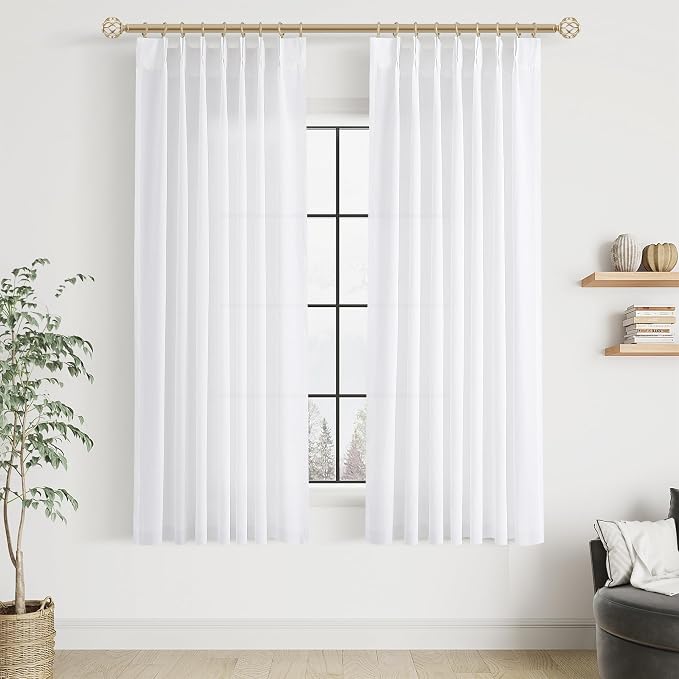 White Pinch Pleated Semi Sheer Curtains 63 Inch Length for Living Dining Room Kitchen Cotton Blend Light Filtering Pinch Pleat Linen Drapes Back Tab 2 Panels Off White Bedroom Window Curtains 40x63