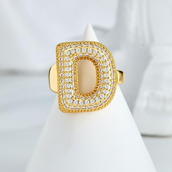 Cicy Bell Initial Rings for Women 14k Gold Plated Cubic Zirconia Delicate Letter Chunky Statement Open Rings Gifts for Her