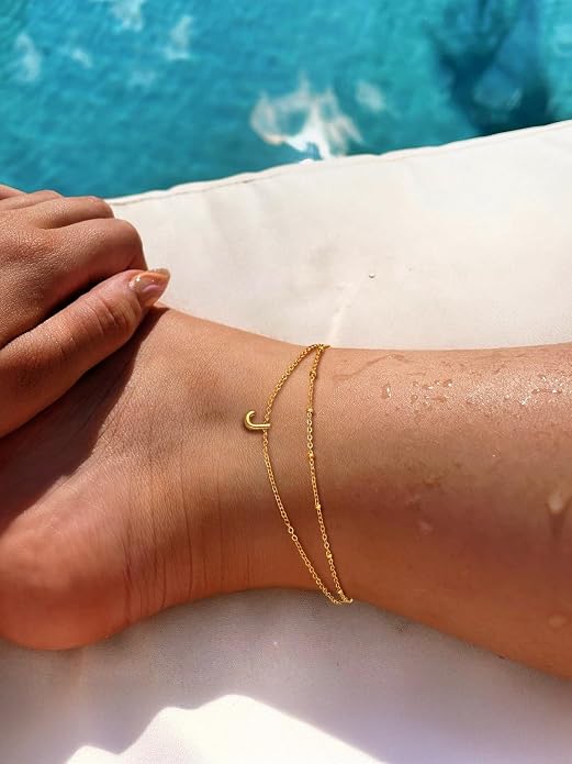 FaithHeart Initial Ankle Bracelets for Women, Waterproof 14k Gold Plated Initial Anklets Non Tarnish Stainless Steel Cute Layered Anklet Summer Beach Jewelry