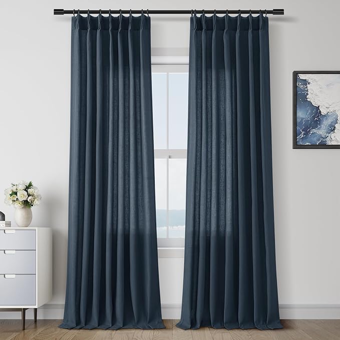 Aersas Denim Blue Pinch Pleated Linen Curtains 102 Inch Length 2 Panels for Living Room Bedroom Semi Sheer Window Curtain Boho Neutral Back Tab Pinch Pleat Drape with Hooks 40x102