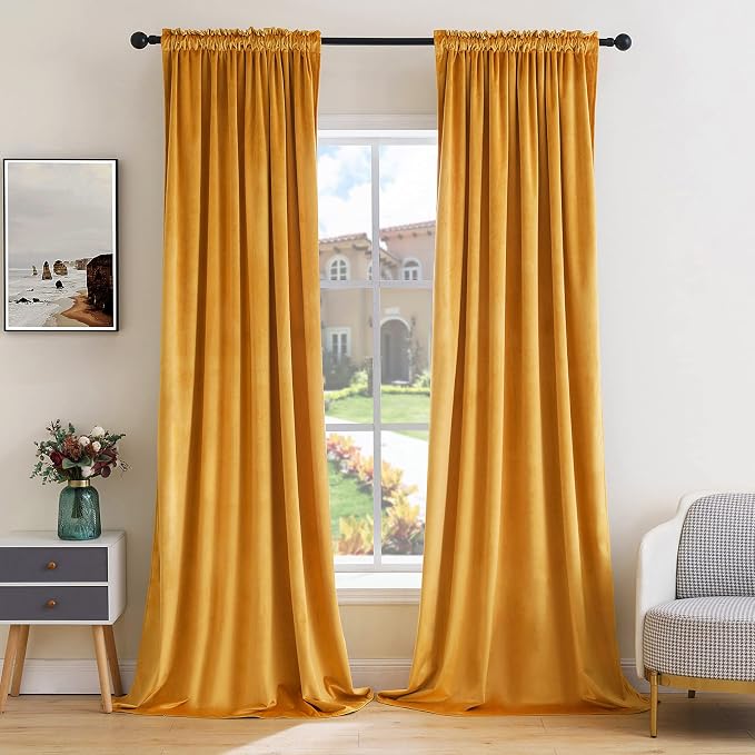 MIULEE Mustard Yellow Blackout Velvet Curtains Drape 108 Inch Long 52"x108" | Luxurious Bedroom Living Room Decor, Room Darkening, Thermal Insulated, Rod Pocket Design, Super Soft Fabric, Extra Long
