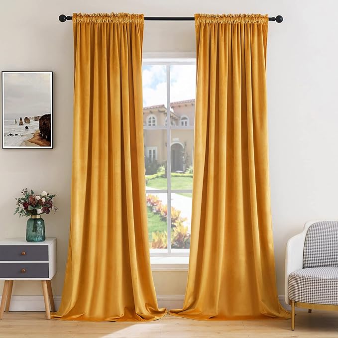 MIULEE Mustard Yellow Blackout Velvet Curtains Drapes 84 Inch Long 52"x84" | Luxurious Bedroom Living Room Decor, Room Darkening, Thermal Insulated, Rod Pocket Design, Super Soft Fabric