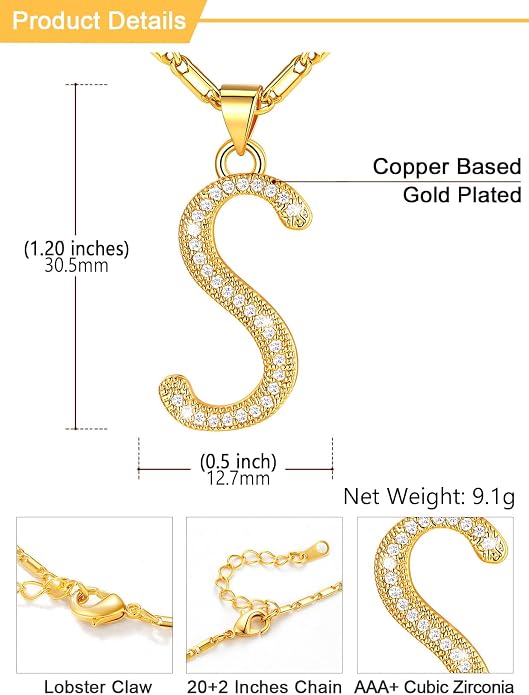U7 Initial Necklace for Women, Gold/Platinum Plated CZ Crystal Letter A-Z Pendant Necklace, Shiny 20 Inch Name Chain Dainty Personalized Jewelry for Men Mom Wife Friend