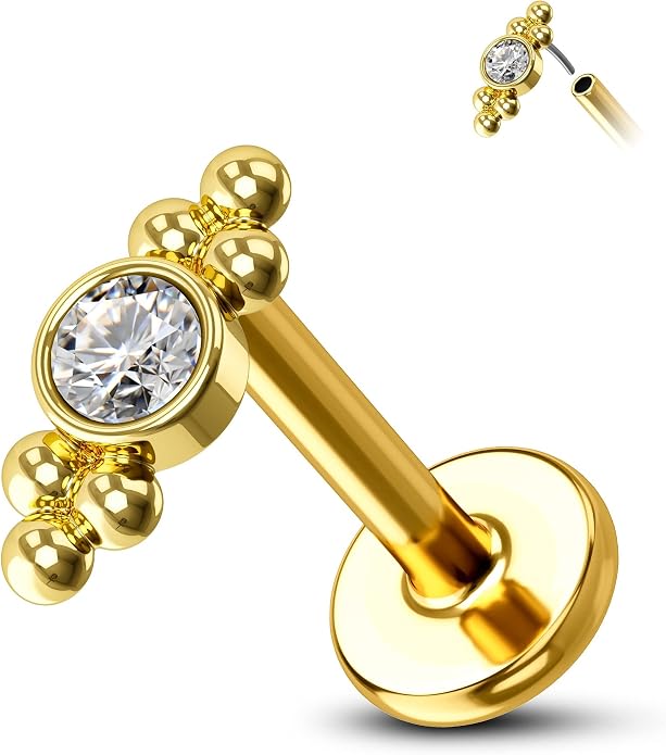 COCHARM 14K Solid Gold Cartilage Earring Stud 16g Yellow Gold Flat Back Helix Stud 14K Gold Push in Tragus Earring Stud Threadless Labret Stud Labret Rings