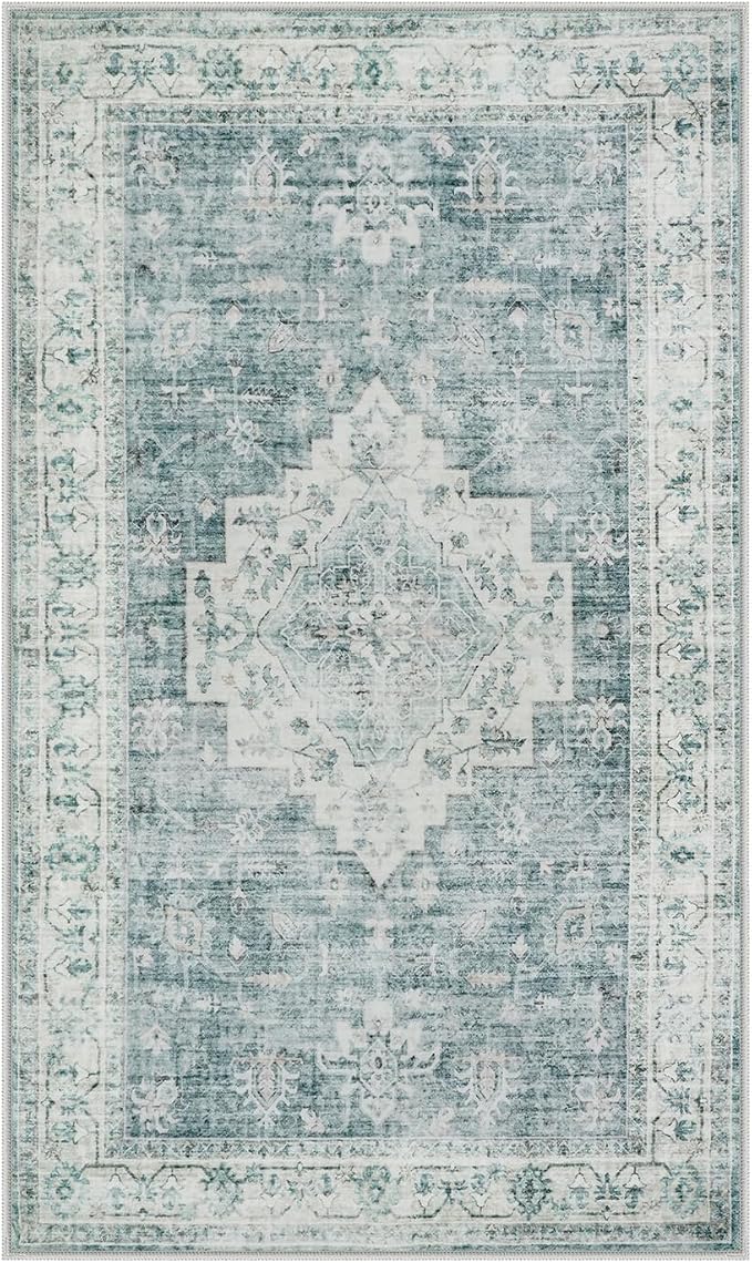 LIVEBOX Entryway Rug 3x5 Washable Area Rugs for Kitchen Bathroom, Non-Slip Front Door Mat for Bedroom, Boho Low-Pile Carpet Farmhouse Throw Indoor Mats for Bath Laundry Room, Blue