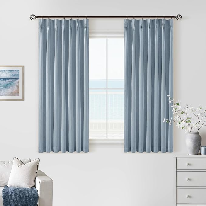 Dusty Blue Pinch Pleat 100% Blackout Linen Curtains 2 Layers 45 Inch Long | Memory Trained, Thermal Insulated, UV Blocking, Noise Reducing, Room Darkening, Black Out Short Curtains for Kitchen 2 Panels