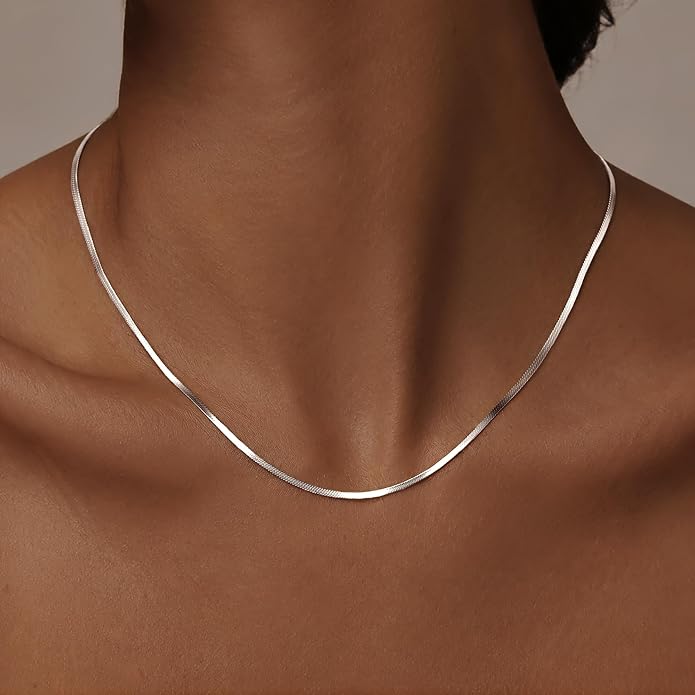 WomenGifts 14K Gold Silver Plated Herringbone Necklace for Women, Dainty Snake Chain Choker, Trendy Simple Long Layered Jewelry Non Tarnish, 3/4/5/8mm,14,16,18,20,22,24,26 Inch Thin & Chunky Options