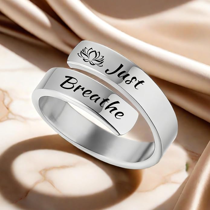 HUASAI Just Breathe Hope Rings for Women Adjustable Tarnish Resistant Stainless Steel Inspirational Jewelry Gifts