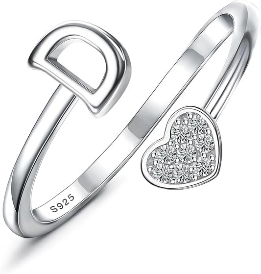 MILACOLATO 925 Sterling Silver Initial Rings for Women Teen Girl 18K Gold Plated Heart Initial Rings Adjustable Capital Letter Ring Stackable Thumb Pinky Rings for Daughter Birthday Bridesmaid Gifts Jewelry, A to Z