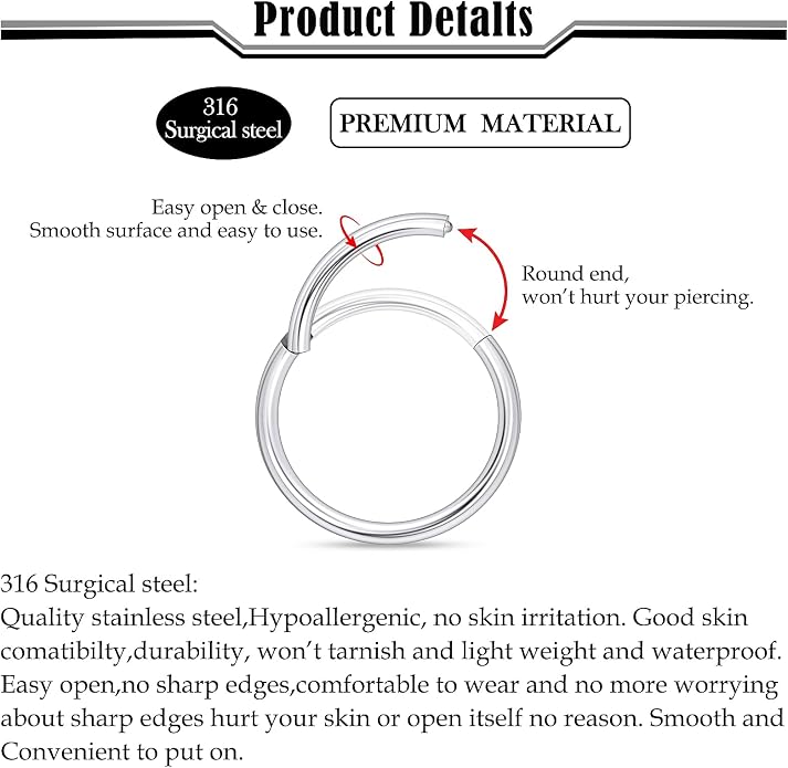 Septum Rings 16G 14G 12G 10G 8G 6G 4G 2G Surgical Steel Septum Stretching Kit Septum Pincher Tapers Gauge Kit Nose Ring Hoop Horseshoe Helix Tragus Daith Rook Piercing Jewelry for Women Men
