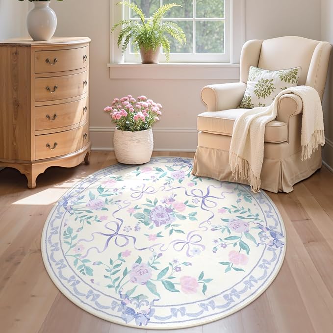 Collive Purple Bow Round Rugs for Girls, 4ft Floral Washable Circle Rug for Bedroom, Cute Ultra-Thin Non Slip Indoor Decor Carpet for Nursery Kids Room Playroom Living Room