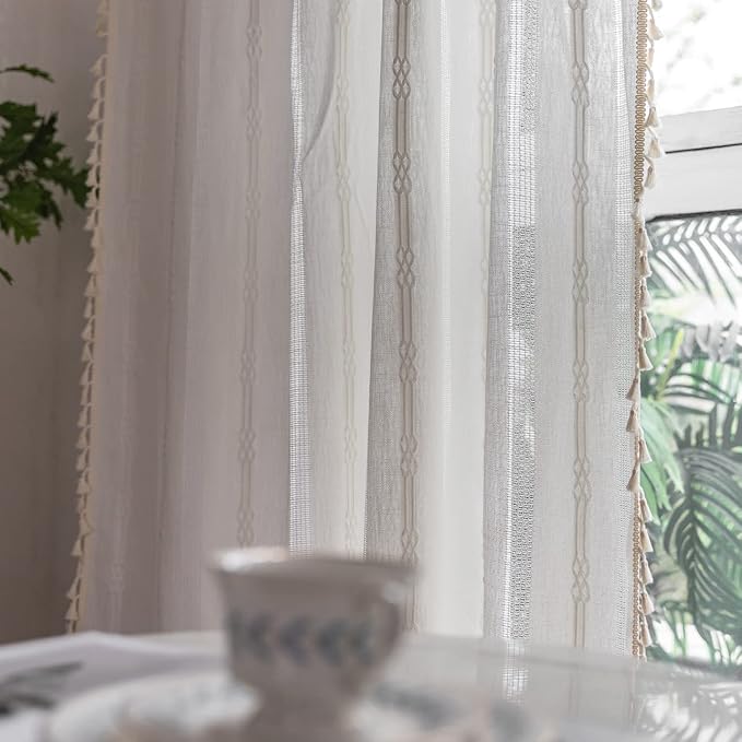 Boho Curtains Embroidery Linen Curtains 108 Inches Long 2 Pannels for Bedroom Off White Country Farmhouse Curtains Light Filtering Curtains for Living Room Rod Pocket Drapes(52" W x 108" L,White)