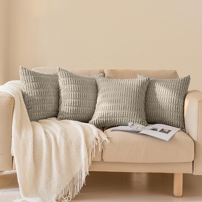 Softalker Throw Pillow Covers 18x18 Inch, Set of 4, Corduroy Soft Striped Farmhouse Boho Pillow Cover, Modern Decorative Cushion Pillow Case for Couch Sofa Bedroom Living Room, Taupe