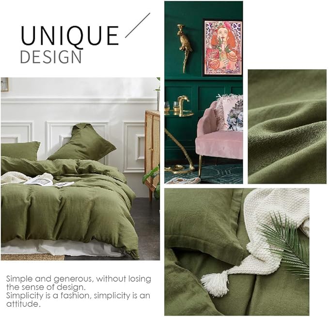 Simple&Opulence 100% Linen Duvet Cover Set 3pcs Basic Style Natural French Washed Flax Solid Color Soft Breathable Farmhouse Bedding with Button Closure - Olive Green, Queen