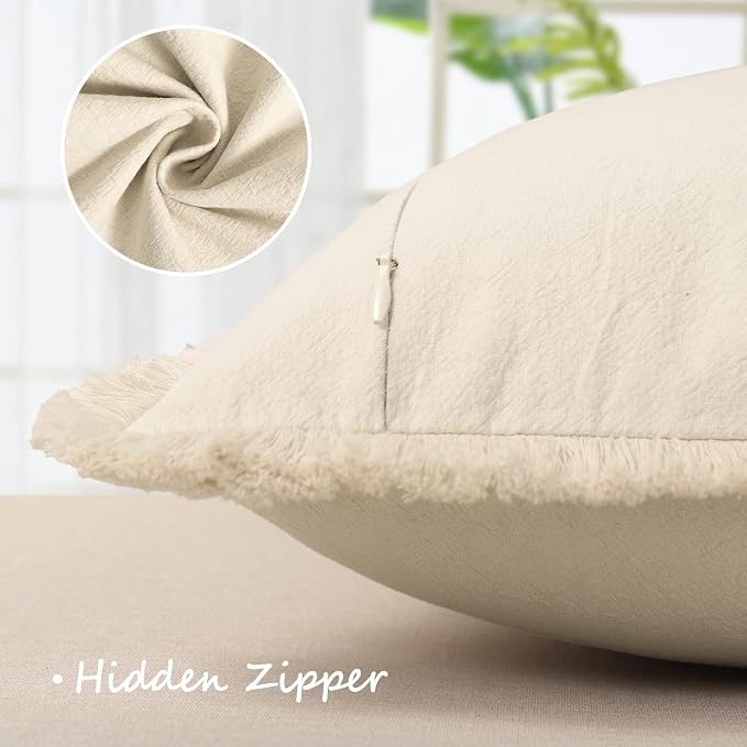 ZWJD Pillow Covers 18x18 Set of 2 Beige Throw Pillow Covers with Fringe Chic Cotton Decorative Pillows Square Cushion Covers for Sofa Couch Bed Living Room Farmhouse Boho Decor