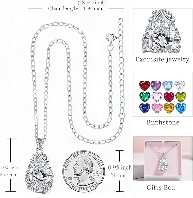 POPLYKE Sterling Silver Gemstone Teardrop Pendant Necklace Crystal Jewelry for Women