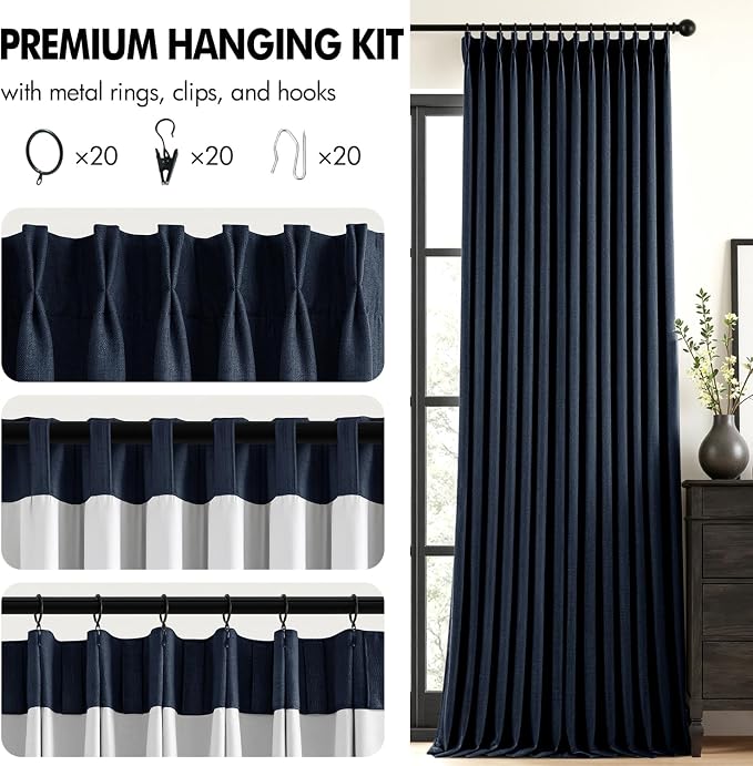MIULEE Navy Blue Pinch Pleated 100% Blackout Linen Curtains for Bedroom, Room Darkening Memory Trained Light Blocking Window Curtains 63 inches Long for Living Room, Black Out Pleat Drapes, 2 Panels