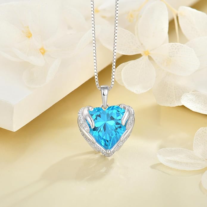 Angel Wings Necklace for Women 925 Sterling Silver Cubic Zirconia Love Heart Birthstone Pendant Necklaces