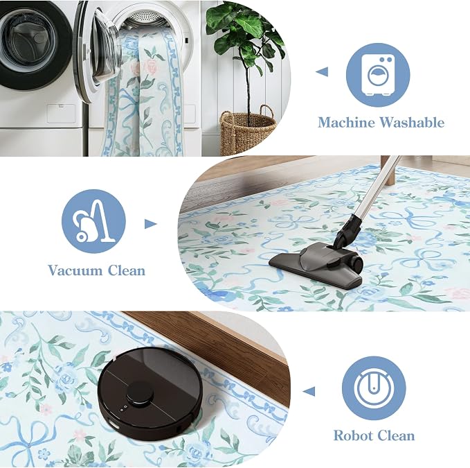 Collive 3x5 Nursery Rug, Boho Blue Floral Area Rugs Machine Washable, Soft Ultra-Thin Bow Carpet Non Slip for Girls Room Bedroom Entryway Playroom Living Room (Blue, 3' X 5')