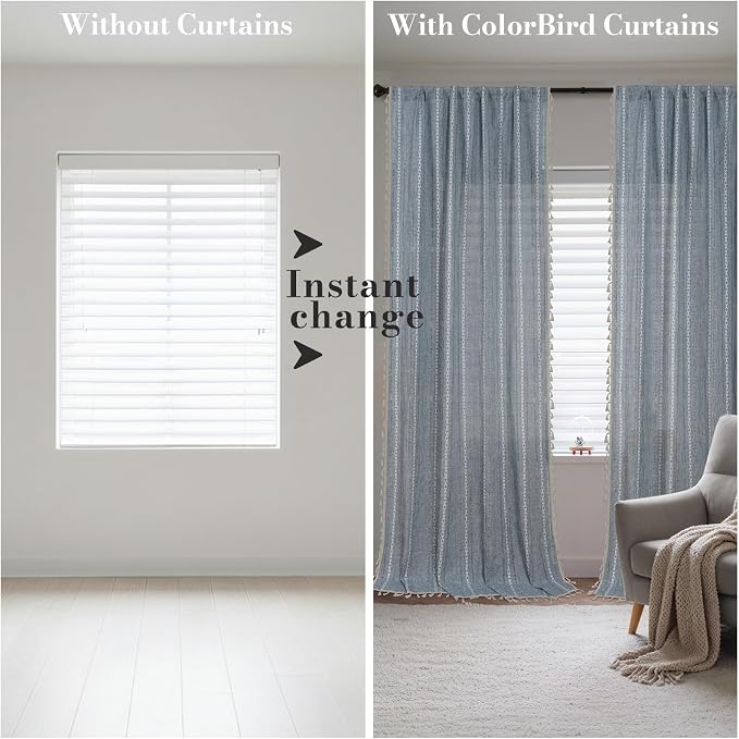 ColorBird Blue Boho Linen-Textured Floor to Ceiling Curtains for Living Dining Room Sliding Door Light Filtering 108 Inches Long Modern Farmhouse Curtains & Drapes for Master Bedroom Big Window