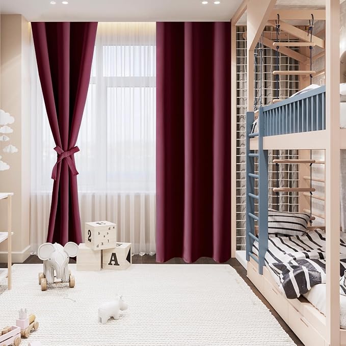 Hiasan RV Blackout Curtains for Bedroom, 52 x 30 Inches Long - Thermal Insulated & Light Blocking Window Curtains for Living Room Christmas Decor, 2 Drape Panels Sewn with Tiebacks, Burgundy