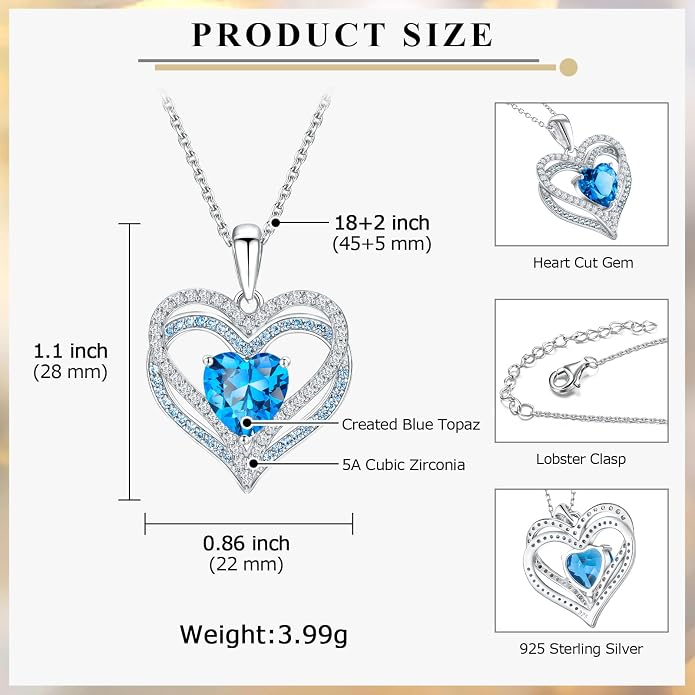 Anniversary Charm Necklace, Sterling Silver 14K Gold Plated Chain with Interlocking Heart Pendant Elegant Birthstone Necklaces for Women, Length 18"