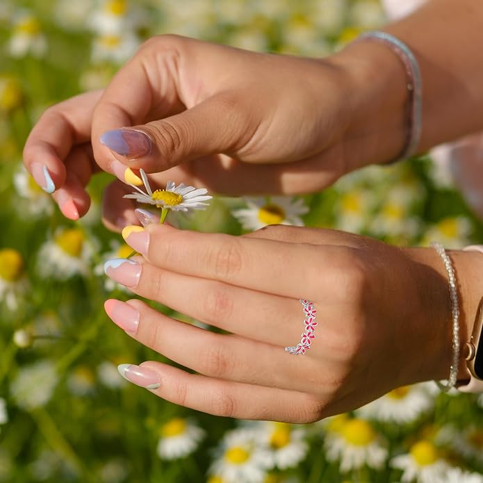 S925 Sterling Silver Dainty Daisy Flower Rings for Women, I Think Of You Every Daisy, 12 Month Birth Flower Ring