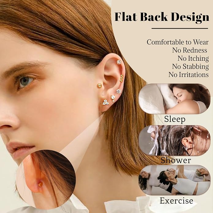 Senteria 6/8 Pairs Stainless Steel Stud Earrings for Women Hypoallergenic Flat Back Stud Earrings Tiny Stainless Steel Earring Small Cartilage Earring Set for Multiple Piercing