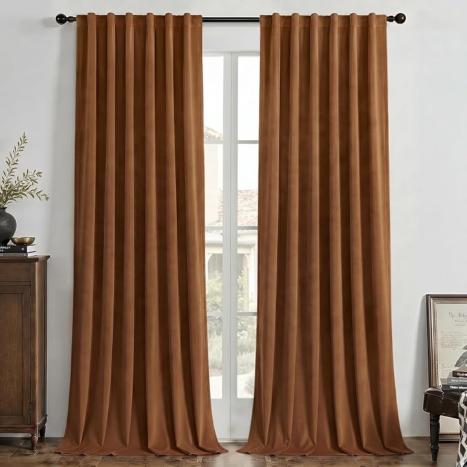 Joydeco 100% Blackout Velvet Curtains Golden Brown 72 Inch Back Tab | Luxury Thermal Insulated Velvet Curtains for Bedroom Living Room, Soundproof Blackout Window Drapes