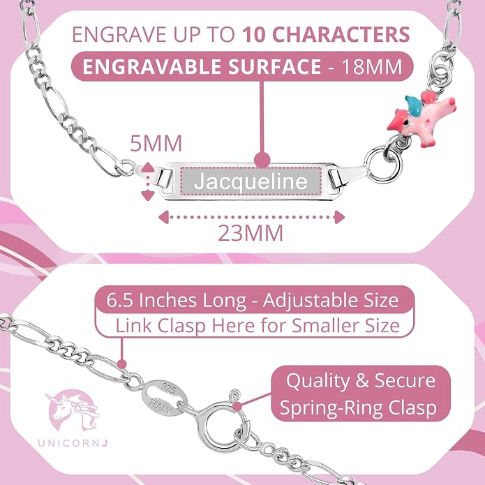 UNICORNJ 925 Italy Sterling Silver Child or Baby Name Bracelet Girls Boys, Personalized Engraved Kids ID Bracelets, 6.5" Figaro Chain, Enamel Charm Newborn Infant Toddler Kid Jewelry