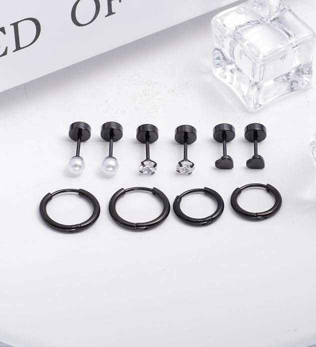 MJust Titanium Earrings for Sensitive Ears 20G Hypoallergenic Stud Hoop Earrings for Women Men Opal Ball CZ Heart Pearl Flat Back Earrings Cartilage Earrings Set