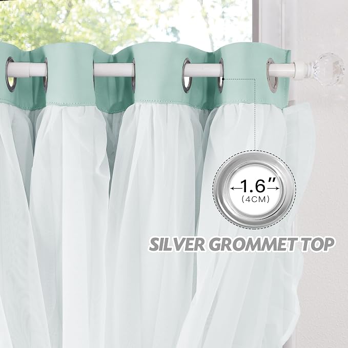 PONY DANCE Blackout Curtains for Living Room Decor Window Treatment Double Layer Drapes Ruffle Sheer Overlay Farmhouse Rustic Design, W 52 x L 84 Inches, Mint Green, 2 Panels