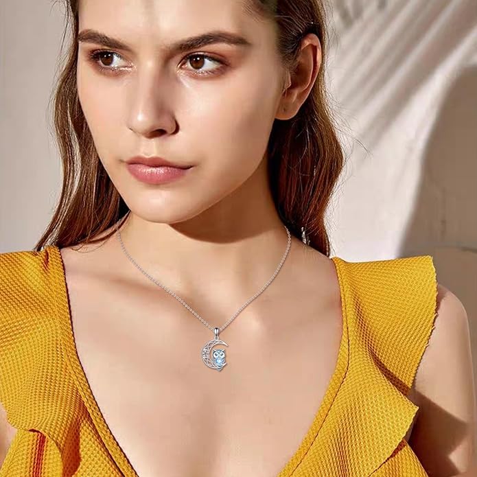 Owl Birthstone Necklace Sterling Silver Celtic Moon Pendant Cubic Zirconia Owls Jewelry Birthday Gifts for Women Men