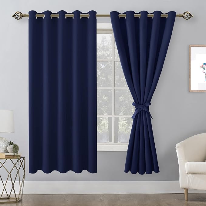 Hiasan Blackout Curtains for Bedroom, 60 x 63 Inches Length - Thermal Insulated & Light Blocking Window Curtains for Living Room, 2 Drape Panels Sewn with Tiebacks, Navy Blue