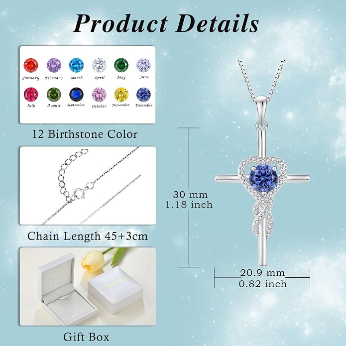 Cross Necklace for Women 925 Sterling Silver Infinity Birthstone Pendant Necklace Religious Christian Jewelry Gifts Wife Mom Her