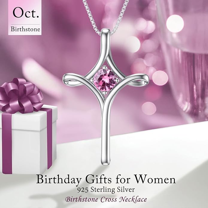TOUPOP Cross Necklace for Women 925 Sterling Silver Birthstone Cross Pendant Fine Jewelry Anniversary Birthday Mothers Day Gifts for Mom Wife Her