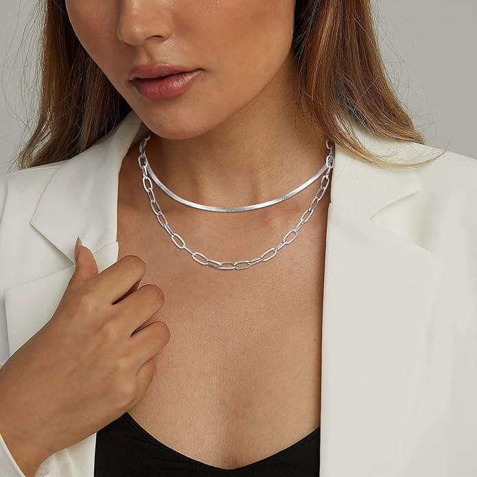 FOCALOOK 14K Gold Plated Necklaces for Women, Fashion Herringbone Choker Necklace Stainless Steel Flat Snake Chain 3/5MM(W) 12.5"/15"/18"+3.5"(L)