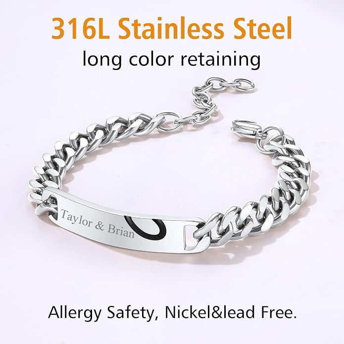 FindChic Customized Name Bar ID Bracelets for Men Women 18K Gold Plated/Stainless Steel/Black 7MM/10MM/15MM Width 7.5'' 8.3'' Bangles, with Jewelry Box