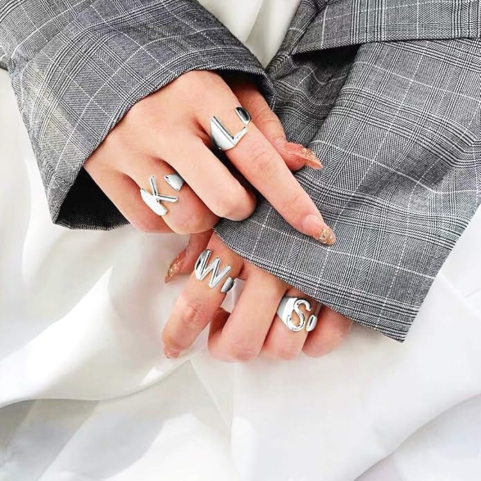 KeyStyle Bold Initial Letter Rings Adjustable, GoldChic Jewelry Women Gold Statement Ring Personalized Engraved Women’s Open Signet Ring for Party (Gold, White Gold, Black)