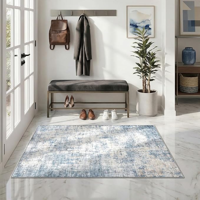 3x5 Area Rugs Washable Living Room Rug-No Slip Soft Carpets Modern Abstract Coastal Indoor Floor Stain Resistant Carpet for Bedroom Dining Room Farmhouse Nursery Home Office Blue